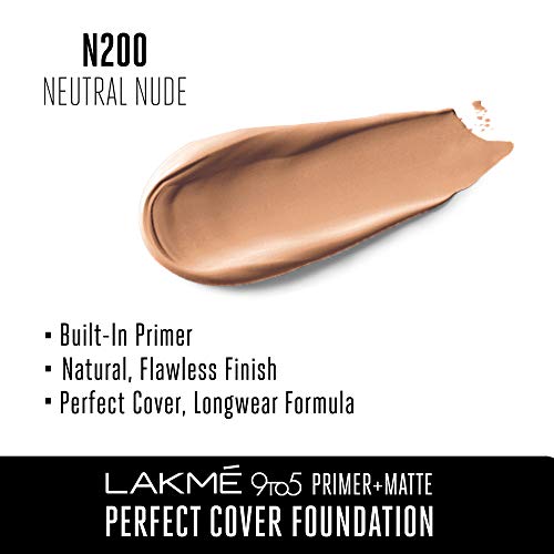 Lakme 9To5 Primer + Matte Perfect Cover Foundation, N200 Neutral Nude, 25 ml