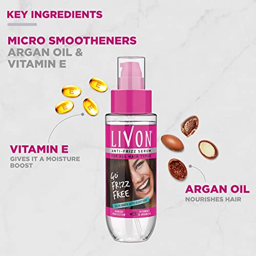 Livon Hair Serum for Women & Men| All Hair Types |Smooth, Frizz free & Glossy Hair | With Moroccan Argan Oil & Vitamin E | 100 ml (Pack of 2)