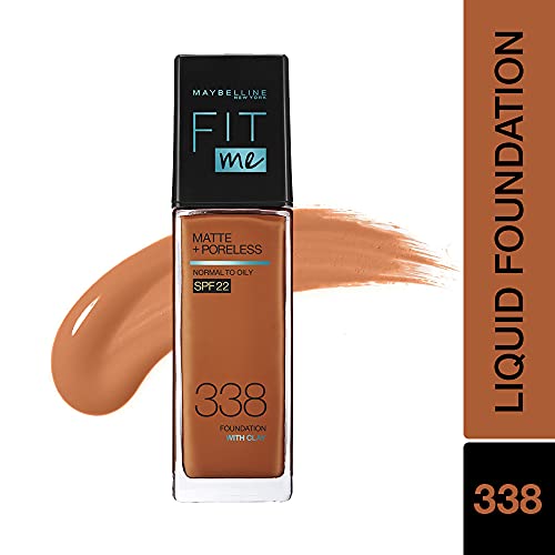 Maybelline New York Fit Me Matte + Poreless Liquid Foundation, 338 Spicy Brown | Matte Foundation | Oil Control Foundation | Foundation With SPF, 30 ml