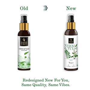 Good Vibes Neem & Tulsi Glow Toner 120 ml, Hydrating Light Weight Face Spray Toner for Acne Prone Skin, Suited for All Skin Types, Natural, No Alcohol, Parabens & Sulphates, No Animal Testing