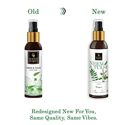 Good Vibes Neem & Tulsi Glow Toner 120 ml, Hydrating Light Weight Face Spray Toner for Acne Prone Skin, Suited for All Skin Types, Natural, No Alcohol, Parabens & Sulphates, No Animal Testing