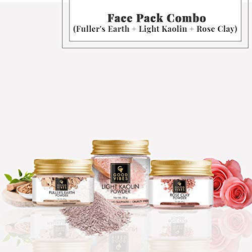 Good Vibes Face Pack Combo of 3 - Fuller's  Earth, Light Kaolin, Rose Clay - 30 g each - Deep Cleanse and Detoxifier for Hair and Skin - Cruelty Free