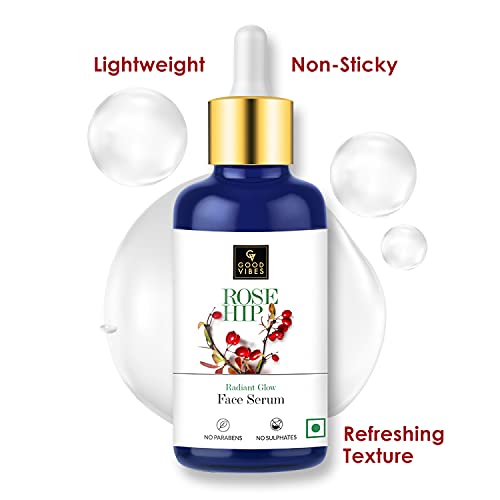Good Vibes Rose Hip Radiant Glow Face Serum, 30 ml Light Weight Non Greasy Moisturizing Formula For All Skin Types, Natural, No Parabens & Sulphates, No Animal Testing