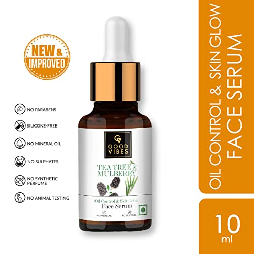 Good Vibes Tea Tree & Mulberry Oil Control & Skin Glow Face Serum, 10 ml Light Weight Moisturizing Face Serum For Oily Skin Helps Reduce Acne & Blemishes, Natural, No Parabens, No Animal Testing