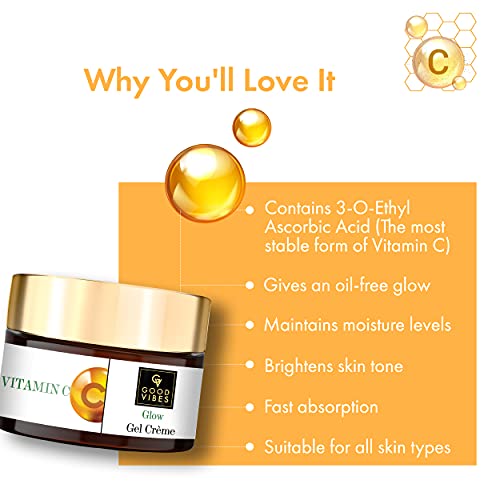 Good Vibes Vitamin C Glow Gel Creme, 50 g Skin Brightening Hydrating Moisturizing Face Cream for All Skin Types, Rich in Antioxidants & Helps Reduce Dark Spots, No Parabens & Sulphates