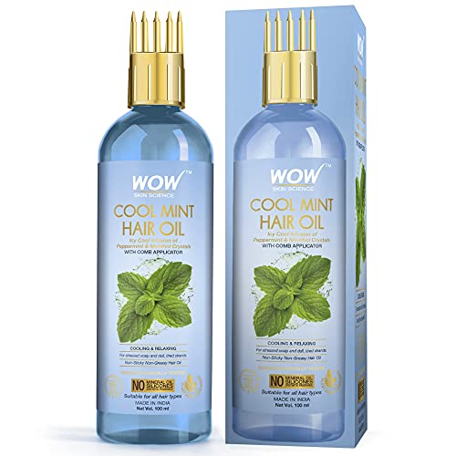WOW Skin Science Cool Mint Hair Oil - with Comb Applicator - Non Sticky & Non Greasy - for All Hair Types - No Mineral Oil, Silicones, Synthetic Fragrance - 100mL