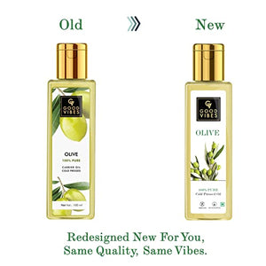 Good Vibes 100% Pure Olive Cold Pressed Carrier Oil For Hair & Skin, 100 ml Helps Strengthen Hair Roots, Deeply Moisturizes Skin, Helps Reduce Wrinkles & Fine Lines, No Alcohol, Parabens & Sulphates