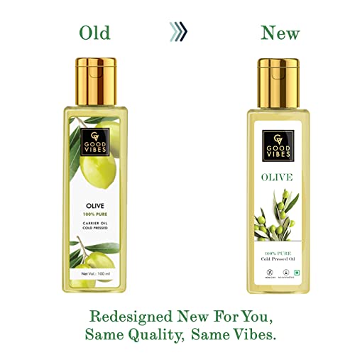 Good Vibes 100% Pure Olive Cold Pressed Carrier Oil For Hair & Skin, 100 ml Helps Strengthen Hair Roots, Deeply Moisturizes Skin, Helps Reduce Wrinkles & Fine Lines, No Alcohol, Parabens & Sulphates