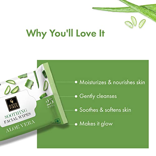 Good Vibes Aloe Vera Soothing Facial Wipes, 25 Wipes (Pack of 2) | Moisturizing, Nourishing, Cleansing | Removes Dirt, Impurities, Excess Oil & Makeup | Vegan, No Parabens, Alcohol & Mineral Oil