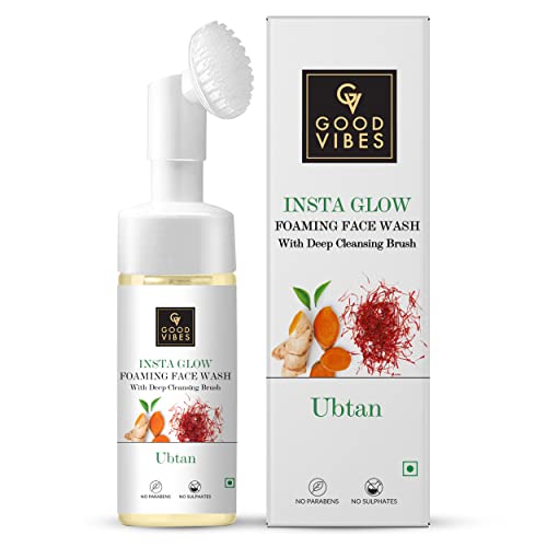 Good Vibes Ubtan Insta Glow Foaming Face Wash With Deep Cleansing Brush, 150 ml | Brightening Cleanser For All Skin Types | With Turmeric, Saffron, Vitamin B3 | No Parabens, Sulphates & Mineral Oil