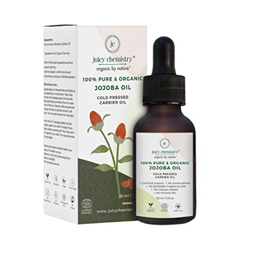 Juicy Chemistry Certified Organic Jojoba Oil, 30ml for Hair and Skin, Oil for Healthy Hair, Scalp and Glowing Skin, Carrier Coldpressed Oil for Women and Men