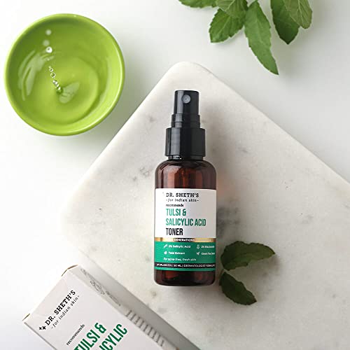 Dr. Sheth's Tulsi & 2% Salicylic Acid (BHA) Toner (Vegan) with 2% Niacinamide and Green Tea Extract, for Acne, Blackheads, Whiteheads, Clogged Pores (100ml)