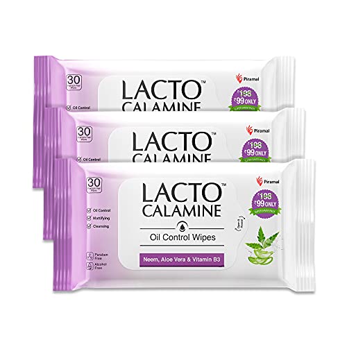 Lacto Calamine Oil Control Face Wipes with Neem, Vitamin B3 and Aloe Vera, No Parabens, Alcohol Free, White, 90 Count, Pack of 3