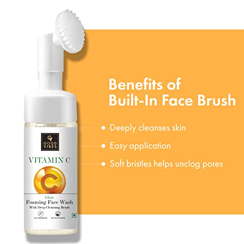 Good Vibes Vitamin C Glow Foaming Face Wash With Deep Cleansing Brush, 150 ml Non-Drying Brightening Face Cleanser For Clear Skin | No Parabens, No Sulphates, No Animal Testing