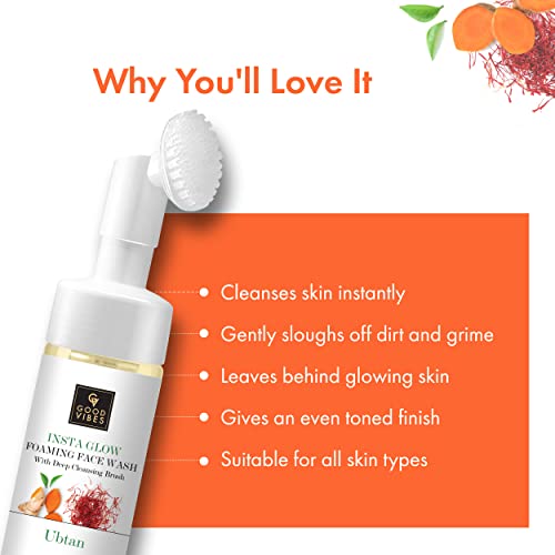 Good Vibes Ubtan Insta Glow Foaming Face Wash With Deep Cleansing Brush, 150 ml | Brightening Cleanser For All Skin Types | With Turmeric, Saffron, Vitamin B3 | No Parabens, Sulphates & Mineral Oil