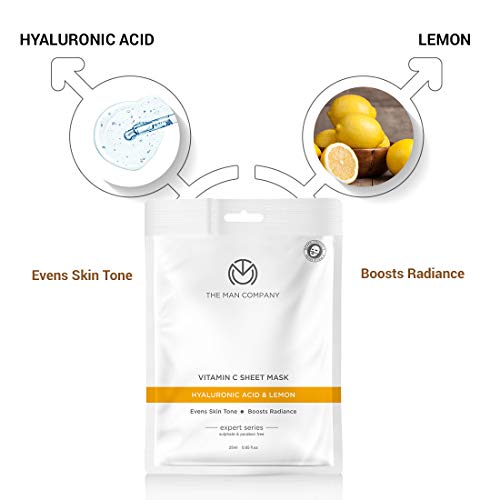 The Man Company Vitamin C Sheet Mask with Hyaluronic Acid & Lemon | Boosts Collagen, Brightening | Improves Skin Tone, Deep Cleanses & Removes Excess Oil - 25ml*2