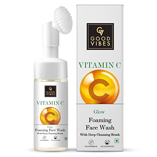 Good Vibes Vitamin C Glow Foaming Face Wash With Deep Cleansing Brush, 150 ml Non-Drying Brightening Face Cleanser For Clear Skin | No Parabens, No Sulphates, No Animal Testing