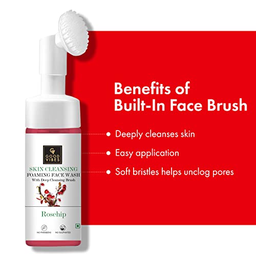 Good Vibes Rosehip Skin Clearing Foaming Face Wash With Deep Cleansing Brush, 150 ml | Rejuvenating Moisturizing Face Cleanser For All Skin Types | No Parabens, Sulphates & Mineral Oil