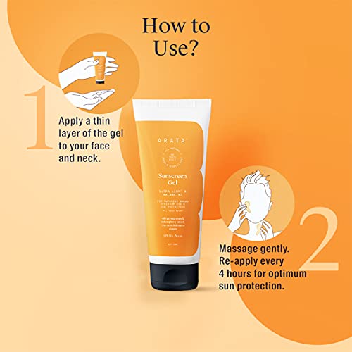 Arata Sunscreen Gel, Ultra Light & Balancing, For Broad Spectrum UVA & UVB Protection (50 ML) | SPF 50+ & PA+++ | With Pomegranate & Red Raspberry | All Skin Types | All-Natural, Non-Toxic