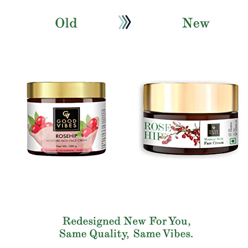 Good Vibes Rosehip Moisture-Rich Face Cream, 100 g Skin Moisturizing Hydrating Light Weight Formula, Soothes & Exfoliates Skin, Natural, No Parabens & Sulphates, No Animal Testing