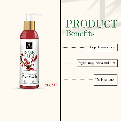 Good Vibes Face Wash - Rosehip Deep Cleansing, 200 ml Naturally Controls Excess Sebum & Acne, Moisturizing Skin Softening Formula for All Skin Types, No Parabens & Mineral Oil