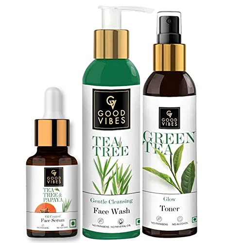 Good Vibes Oil Control Combo Kit (Tea Tree & Papaya Serum 10ml + Tea tree Face Wash 120 ml + Green Tea Toner 120 ml)