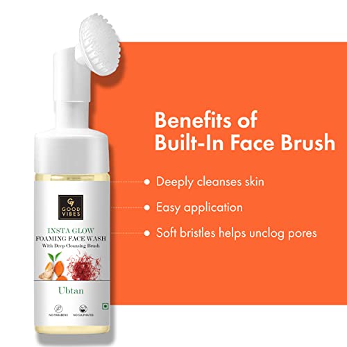 Good Vibes Ubtan Insta Glow Foaming Face Wash With Deep Cleansing Brush, 150 ml | Brightening Cleanser For All Skin Types | With Turmeric, Saffron, Vitamin B3 | No Parabens, Sulphates & Mineral Oil