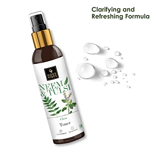 Good Vibes Neem & Tulsi Glow Toner 120 ml, Hydrating Light Weight Face Spray Toner for Acne Prone Skin, Suited for All Skin Types, Natural, No Alcohol, Parabens & Sulphates, No Animal Testing