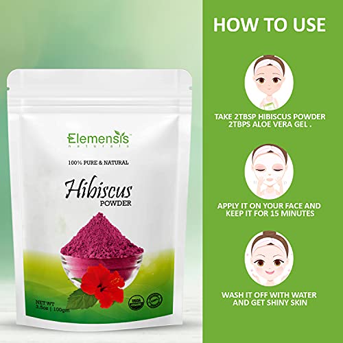 Elemensis Naturals Pure Hibiscus powder for hair growth, hair mask, face Mask, (100Gm)