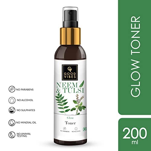 Good Vibes Neem & Tulsi Glow Toner 200 ml, Hydrating Light Weight Face Spray Toner for Acne Prone Skin, Suited for All Skin Types, Natural, No Alcohol, Parabens & Sulphates, No Animal Testing