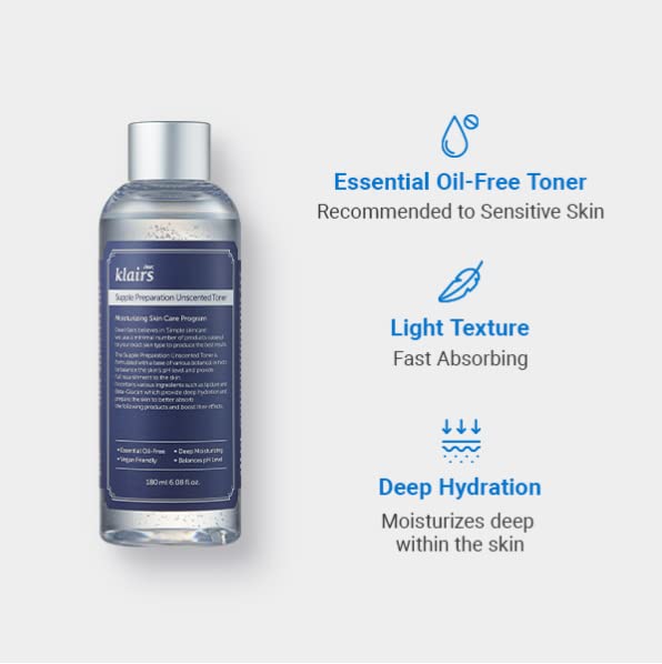 Klairs Supple Preparation Unscented Toner 180Ml Lightweight, Essential Oil Free, Alcohol Free