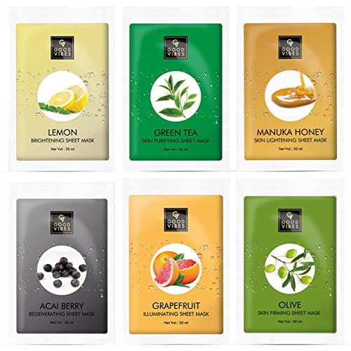 Good Vibes Sheet Masks Combo- Lemon, Green Tea, Manuka Honey, Olive, Grapefruit, Acai Berry (Pack of 6) Lightweight Brightening Moisturizing Hydrating Face Serum Sheet Mask Suitable For All Skin Types