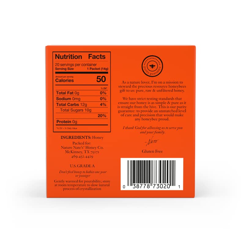 Nature Nate's  Raw and Unfiltered Honey Minis Packets Single Serve, 9.8 Oz, 1 box of 20 packets.