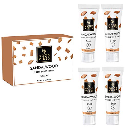 Good Vibes Sandalwood Skin Soothing Facial Kit - 4 Step Skin Care Includes Cleanser, Scrub, Cream and Pack - 10 g each - Cruelty Free