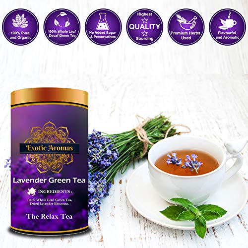 Exotic Aromas Lavender Green Tea (100 G, serves 50 cups), 100 % Whole Leaf Green tea for stress relief, good sleep and relaxation