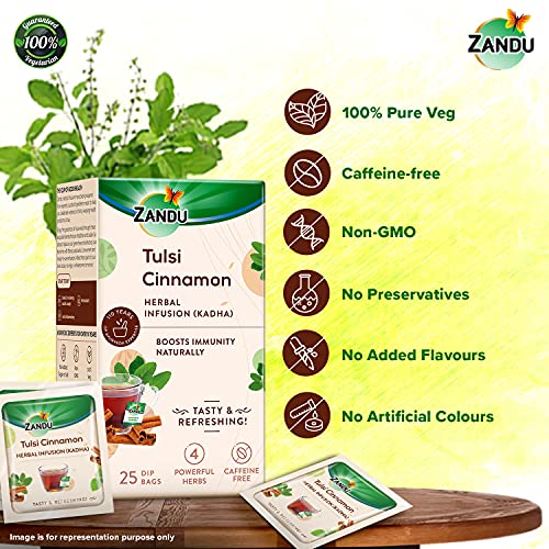 Zandu Tulsi Cinnamon Ayurvedic Infusion (Kadha), Natural Immunity Booster Herbal Tea, Full of Anti-oxidants - 25 Tea Bags