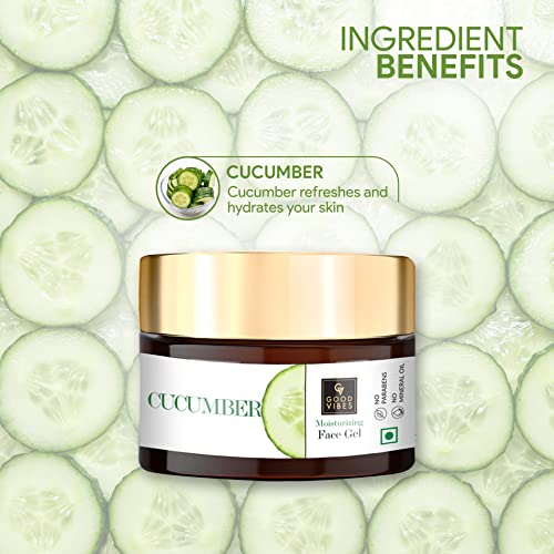 Good Vibes Cucumber Face Gel 50 g, Skin Hydrating Soothing Light Weight Formula, Helps Reduce Redness, Puffiness & Blemishes for All Skin Types, Natural, No Parabens & Sulphates, No Animal Testing