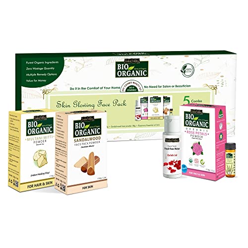 INDUS VALLEY Skin Glowing Face Pack Bio-Organic (Multani Mitti, Sandalwood, Organic Rose Petal ,Rosemary Essential Oil ,Fresh Rose water) 30*3=90g, 30ml+5ml=35ml
