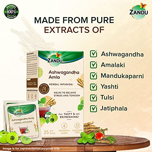 Zandu Ashwagandha Amla Ayurvedic Infusion, a Herbal Tea Enriched with 6 Ayurvedic Ingredients (25 Tea Bags)