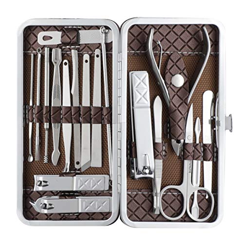 Beauté Secrets Manicure Kit, Pedicure Tools for Feet, Nail Clipper, Ear Pick Tweezers, Manicure Pedicure kit for Women and Men, 18 Pieces, Brown