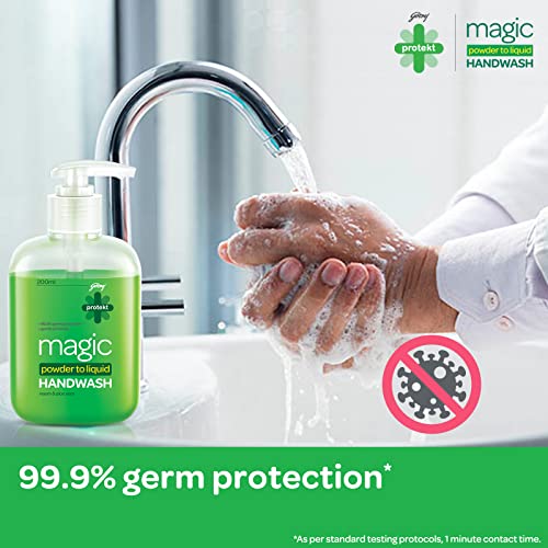 Godrej Protekt magic Powder-To-Liquid Handwash - Bottle + 15 Refills | 135g (Makes 3 Litres)
