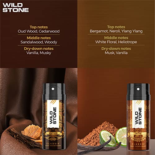 Wild Stone Classic Leather and Musk Body Deodorants for Men, Pack of 2 (225ml each)