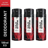 Wild Stone Ultra Sensual Deodorants for Men, Long Lasting Intense Fragrance, Pack of 3 (150ml each)