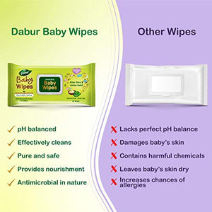 Dabur Baby Wipes: pH 5.5 balanced with Moisture Lock Cap| Contains Aloe Vera & Amba Haldi |with No Parabens & Phthalates - 80 Wipes X Pack of 2