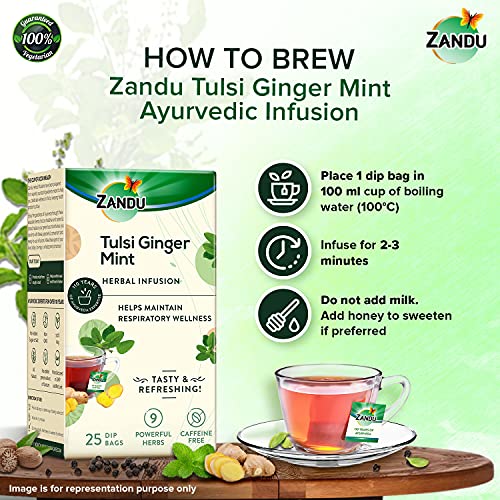 Zandu Tulsi Ginger Mint Herbal Infusion, a Herbal Tea Enriched with Ayurvedic Ingredients (Pack of 25 Tea Bags X 2)