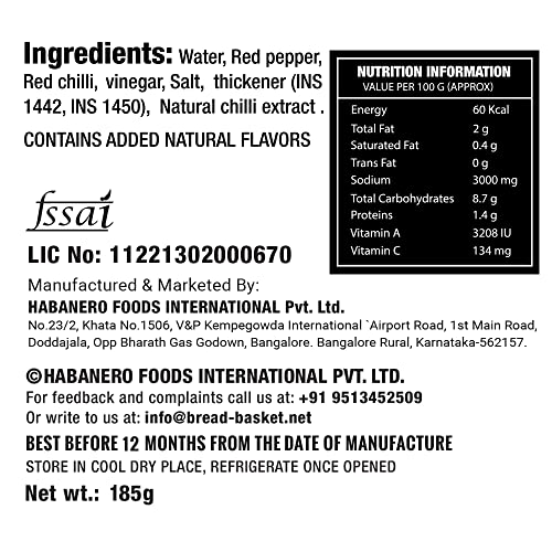 Habanero Hot chilli Sauce lNon-GMO|Gluten Freel100% Vegan and Natural Ingredients (185 grams)