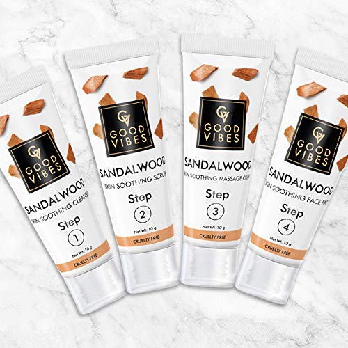 Good Vibes Sandalwood Skin Soothing Facial Kit - 4 Step Skin Care Includes Cleanser, Scrub, Cream and Pack - 10 g each - Cruelty Free