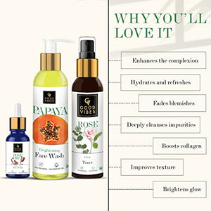 Good Vibes Skincare Combo For Glowing Skin | Papaya Brightening Face Wash 120 ml, Rose Glow Toner 120 ml, Rose Hip Radiant Glow Face Serum 10 ml | Suitable For All Skin Types | No Parabens & Sulphates