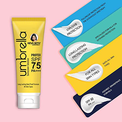 Keya Seth Aromatherapy, Umbrella Sunscreen Solution SPF 75 with PA+++ Long Lasting UV & Heat Protection Formula Oil Control Enriched Micronized Zinc Oxide 100ml