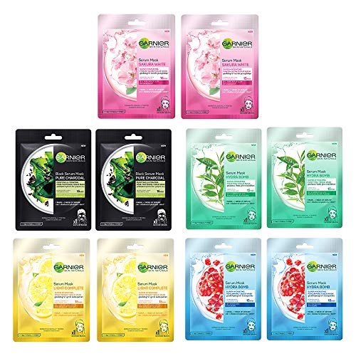 Garnier Skin Naturals Face Serum Sheet Mask (2 Each Of Light Complete, Charcoal, Sakura, Hydrabomb and Hydrabomb ) 421g (Pack of 10)